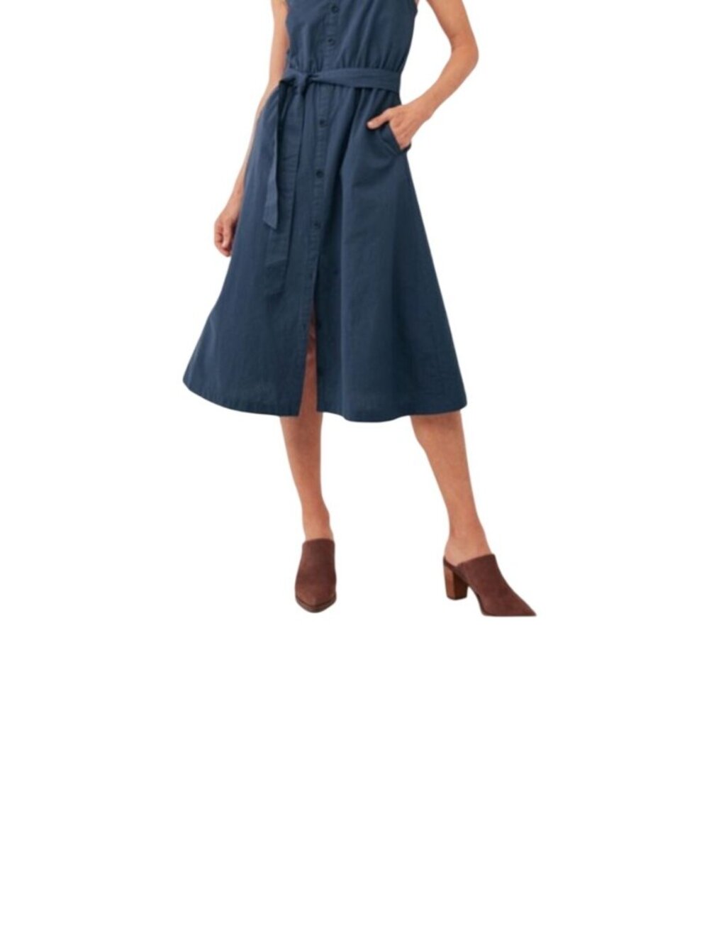 Pact Canopy Picnic Blue Midi Dress Tie Waist Button Front Size L Organic Cotton - Picture 2 of 13